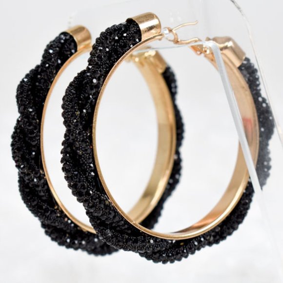 3" Boho Braid Twist Black Rhinestone Hoop Earrings - Picture 2 of 12